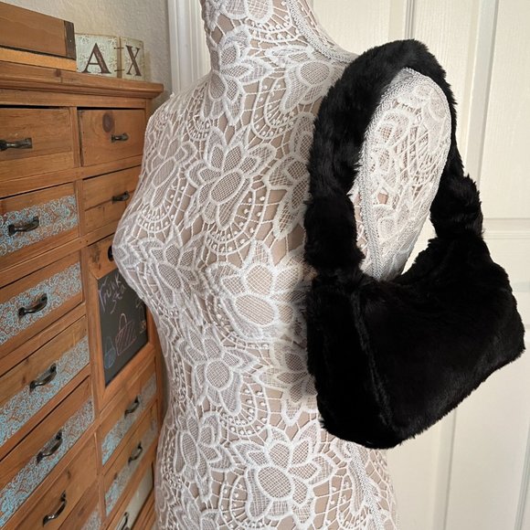 Furry Fluffy Soft Plush Shoulder Mini Hobo Handbag - NWT - Black - Picture 4 of 11